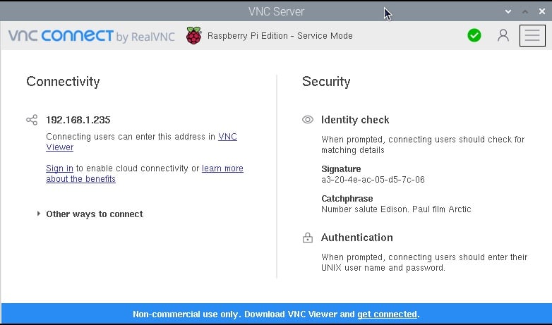 VNC Server main window showing connection details, and security details including identity check with signature and catchphrase and authentication details