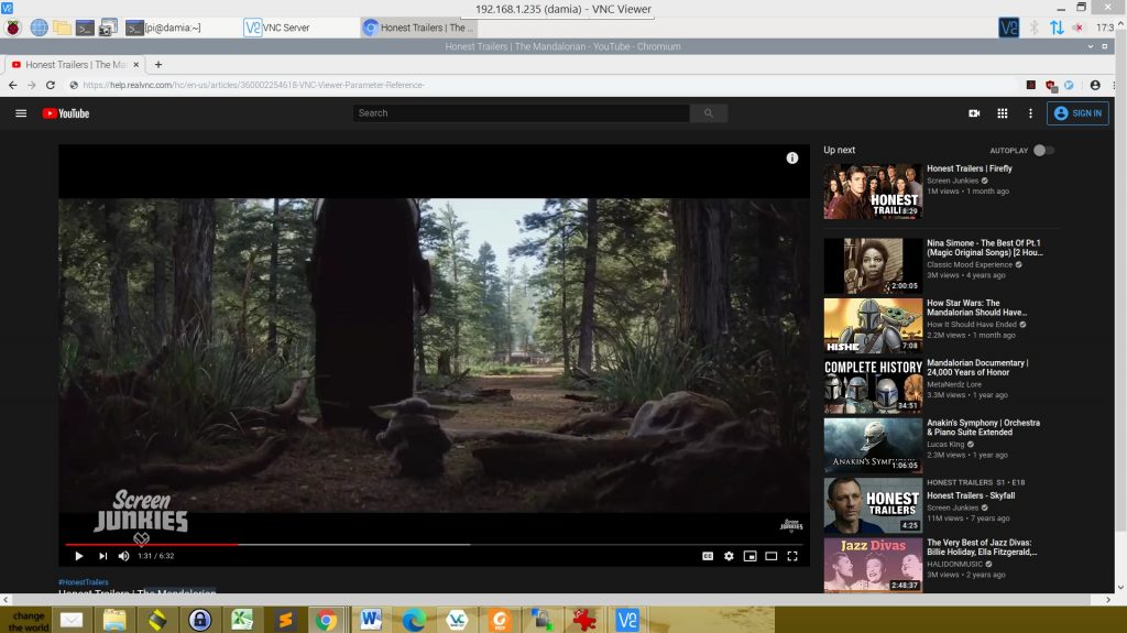 VNC viewer scaled to 100 % with additional toolbars. YouTube is not a good idea with RealVNC