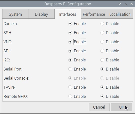 Raspberry Pi Configuration, enable VNC and click OK