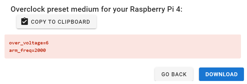 medium overclock preset for Raspberry Pi 4: over_voltage=6 arm_freq=2000