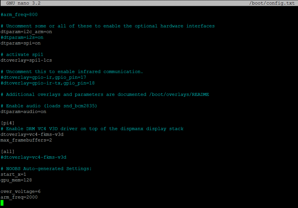 /boot/config.txt being edited as root user, to enable overclocking (note overclocking settings at the bottom of the file)