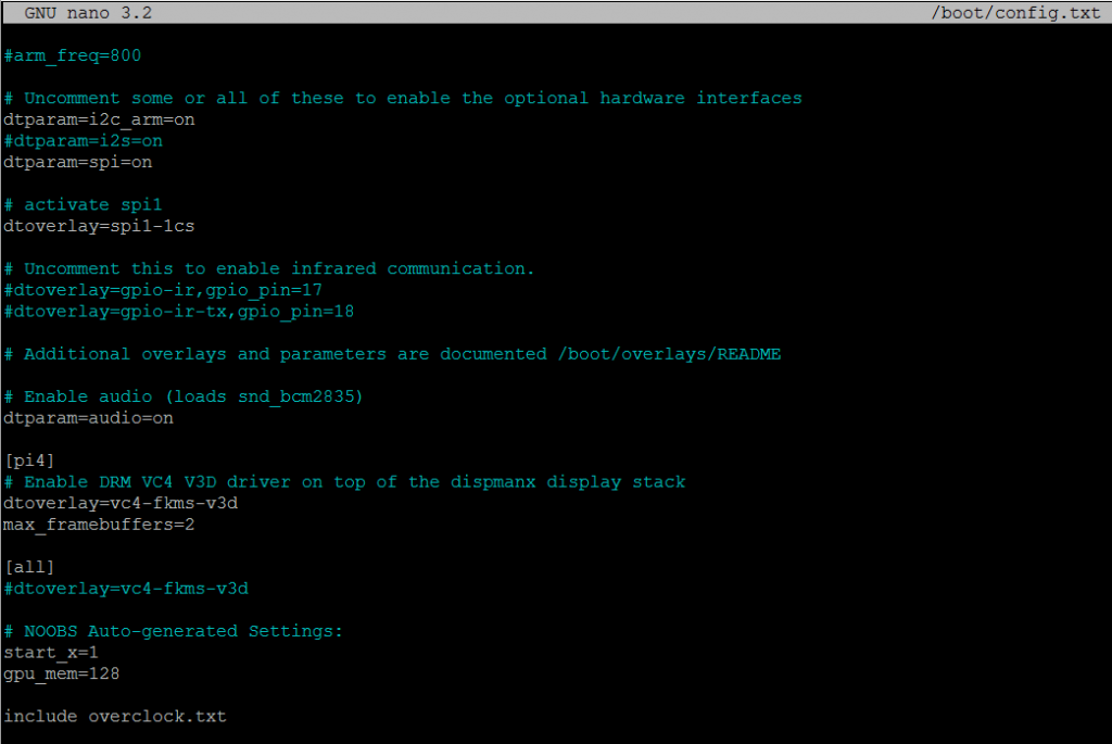 overclock.txt está sendo incluído a partir do arquivo principal de configuração do boot config.txt