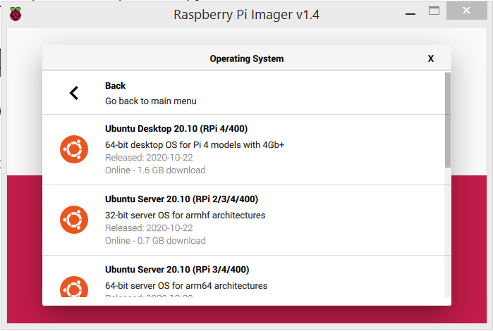 Raspberry Pi Imager screenshot showing different Ubuntu version for the Raspberry Pi and their compatibility (RPi 4/400, RPi 2/3/4/400, RPi 3/4/400) 