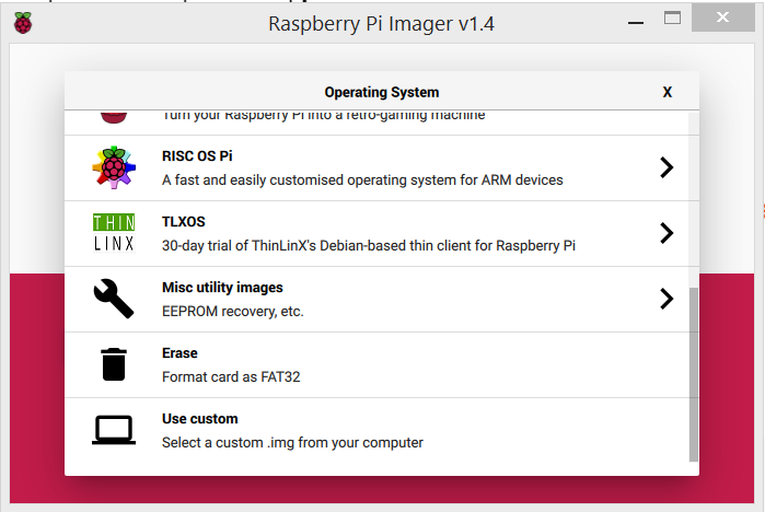 Raspberry Pi imager screenshot, showing RISC OS Pi, TLXOS, Misc utility images, erase and use custom