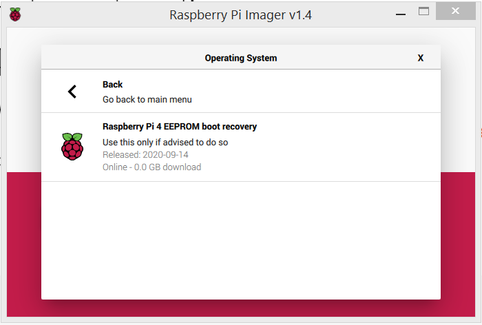 Raspberry Pi Imager showing the Raspberry Pi 4 EEPROM boot recovery screen.