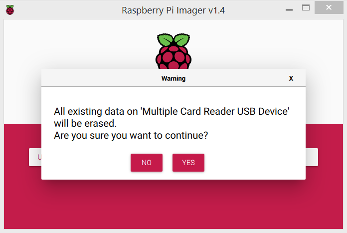 Raspberry Pi imager pyta, czy chcesz kontynuować
