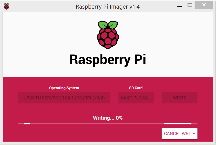 Raspberry Pi imager escribiendo la imagen en la tarjeta SD