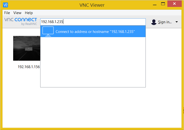 VNC viewer biedt aan om te verbinden met adres of hostnaam van Raspberry Pi