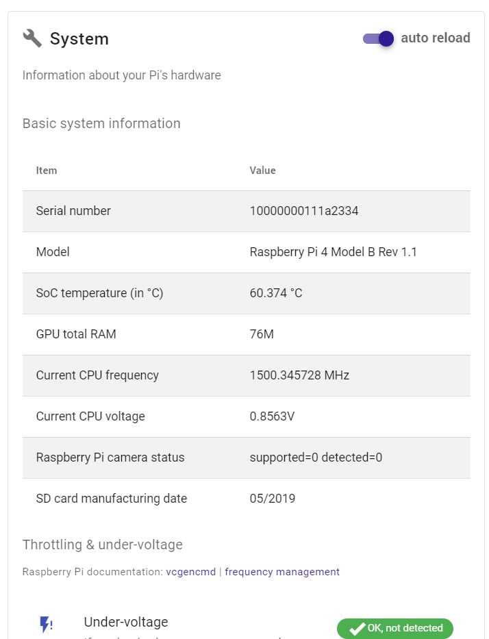 PiCockpit PiDoctor screenshot showing Raspberry Pi model and some statistics