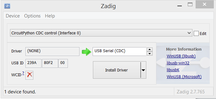 zadig driver instalation failed