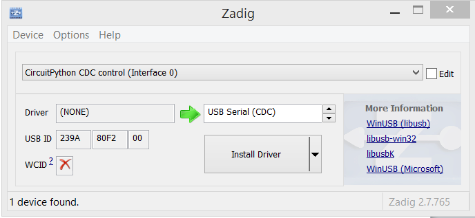 zadig driver instlalion failed