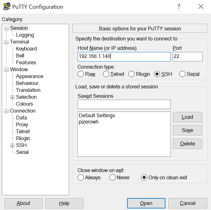 PuTTY settings for Headless use