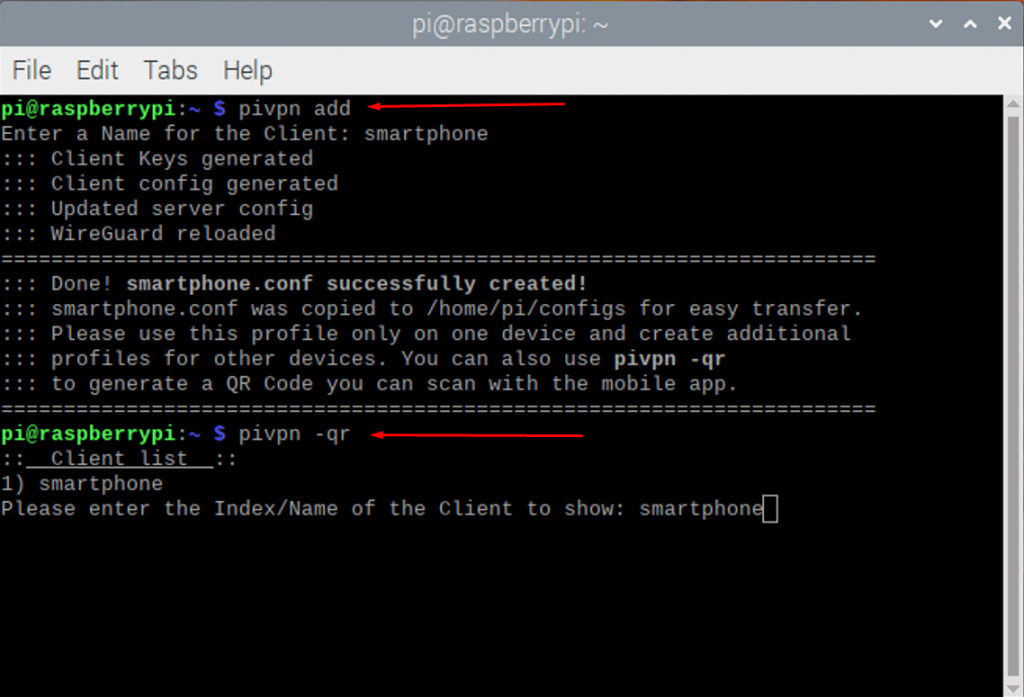 Utilice pivpn add para añadir un cliente, luego utilice pivpn -qr para obtener un código QR para que su teléfono lo escanee