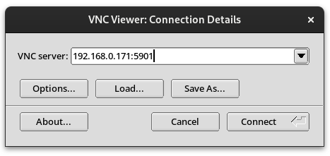 TigerVNCのIPアドレスとポート番号。192.168.0.171:5901
